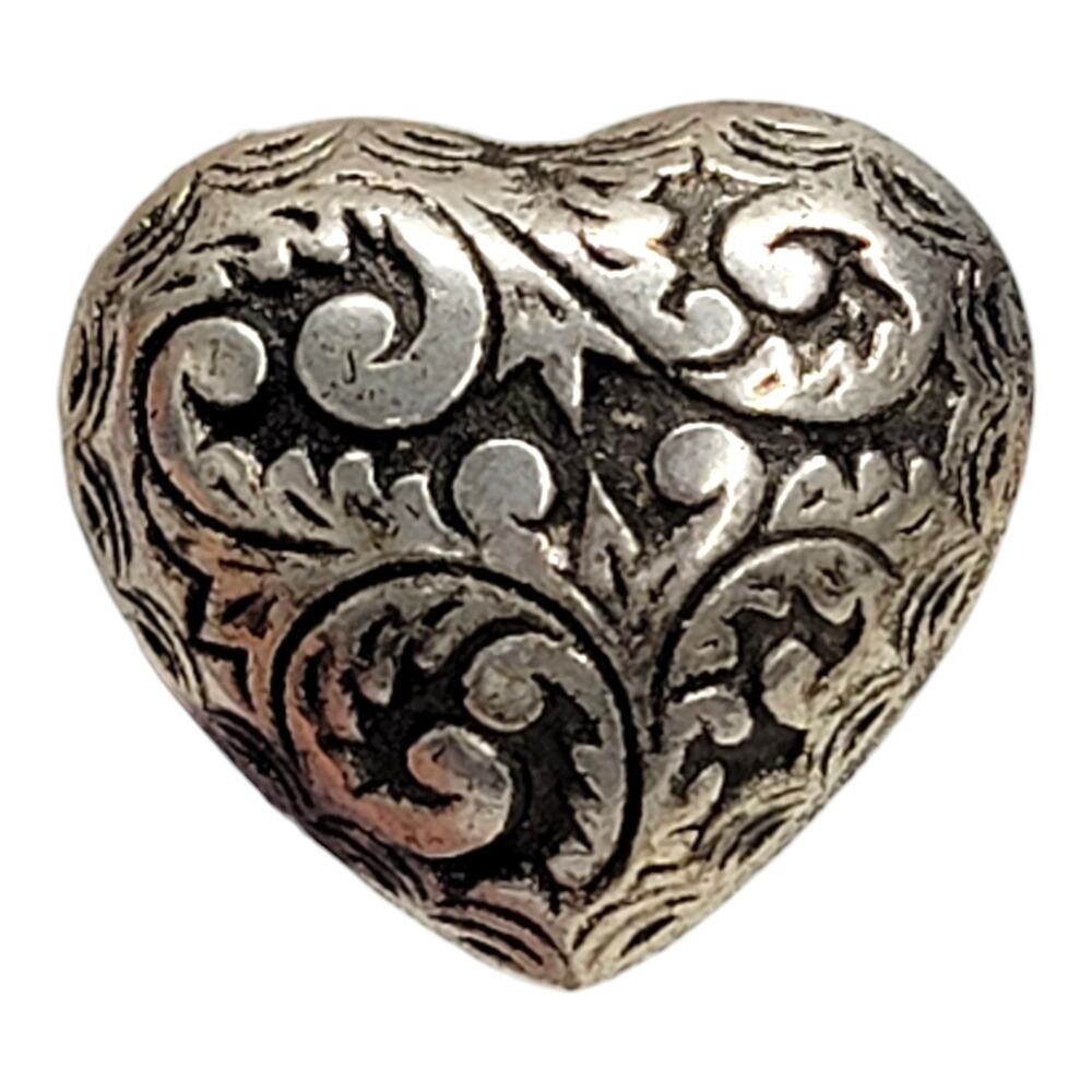 Vintage Silver Tone Heart Button Cover Ornate Floral Scroll Western Single